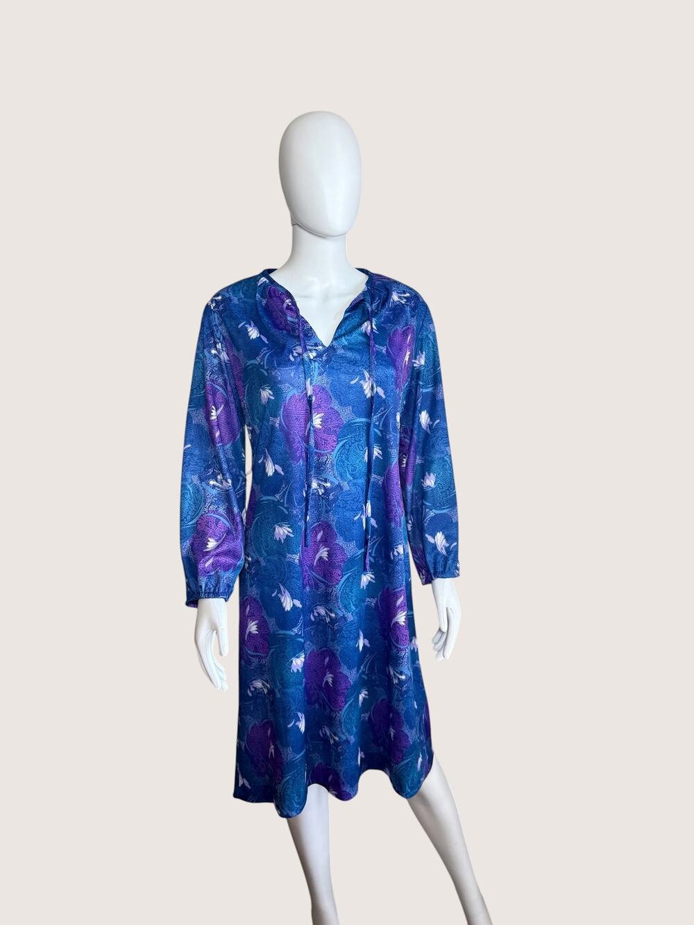 Blue Purple Abstract Floral Long Sleeve Shift Dress